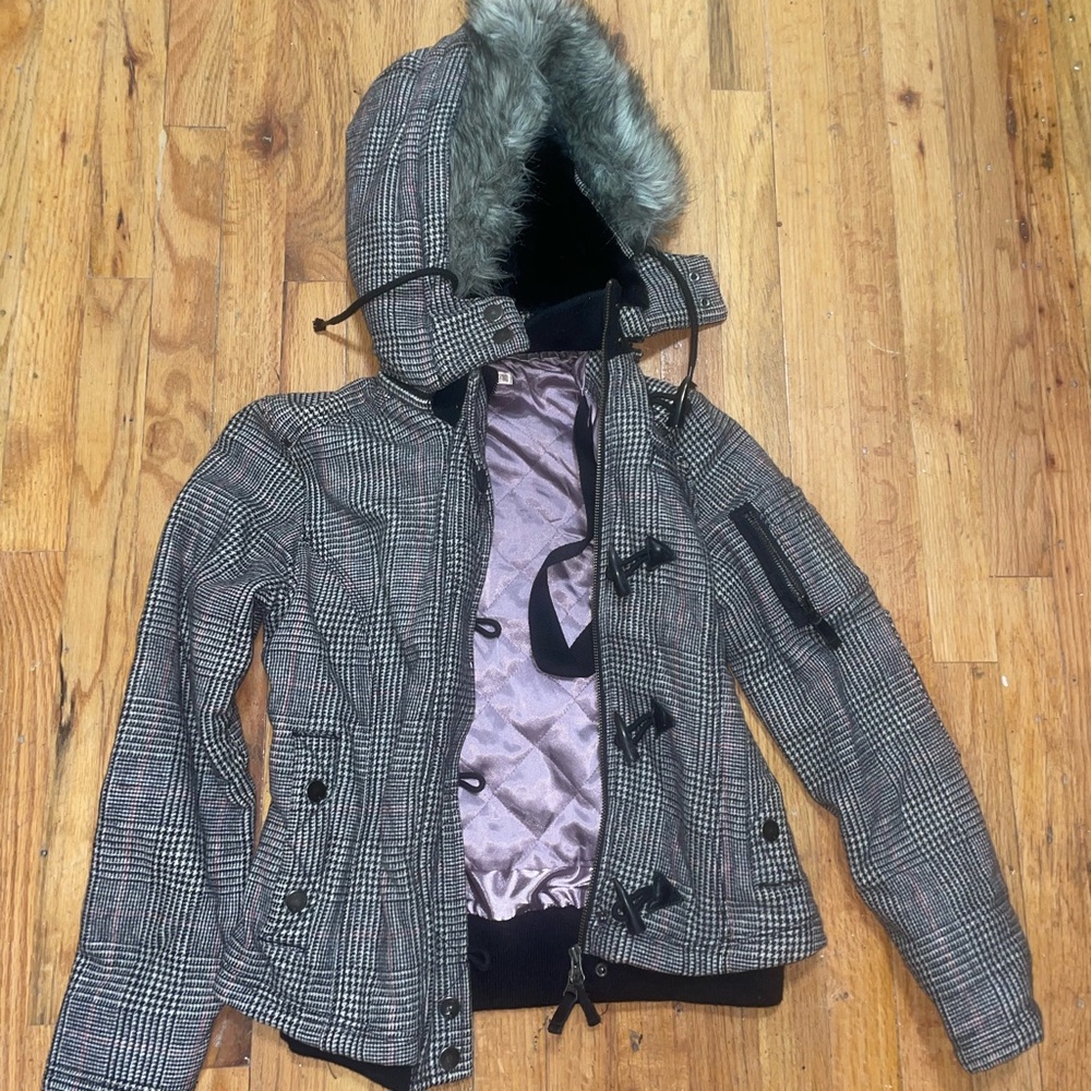 Vintage Triple Five Soul Women's Plaid Utility Jacket with Faux Fur Hood